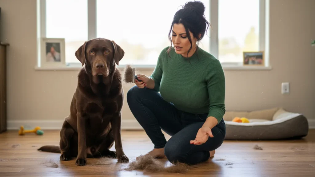 a woman brushing her dog who is having excessive hair shedding in dog