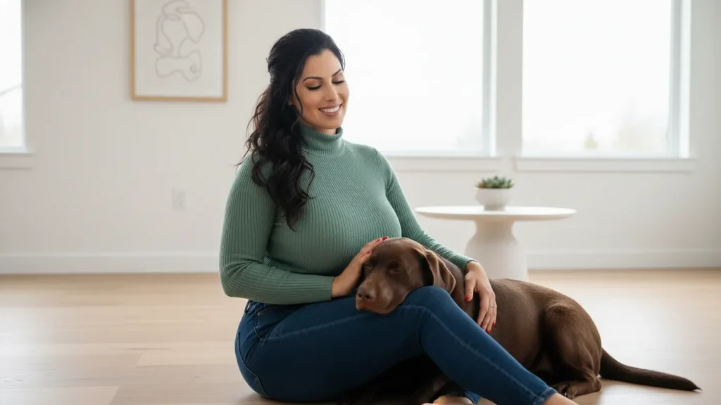 a woman calming her dog in her lap