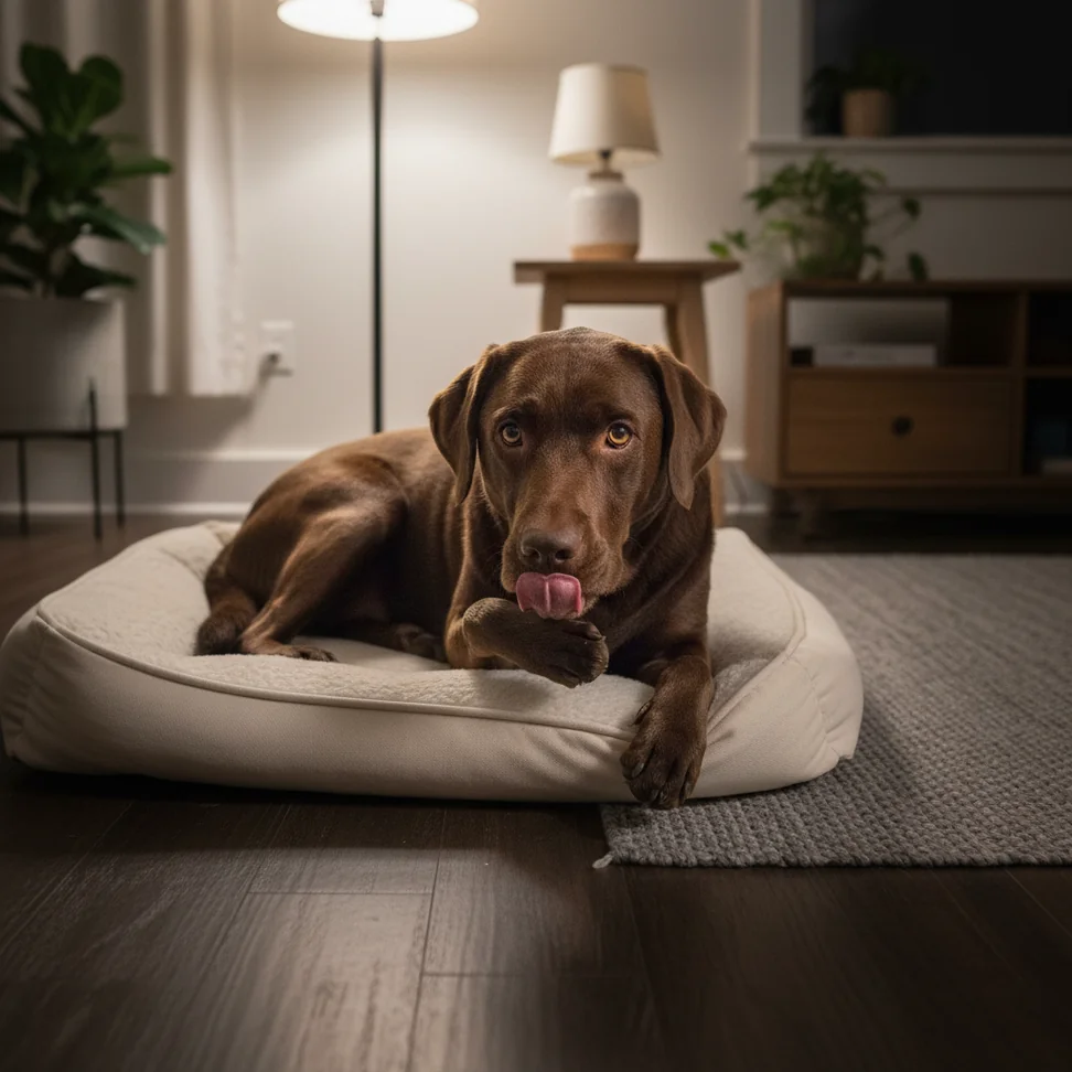 Dog resting on a cozy bed.