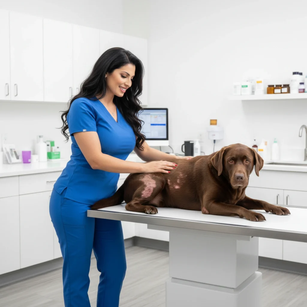 veterinarian checking a dog with skin allergy at her veterinary clinic- The Real Reason Your Dog Is Losing Hair — Vet Warning Every Pet Parent Should Read