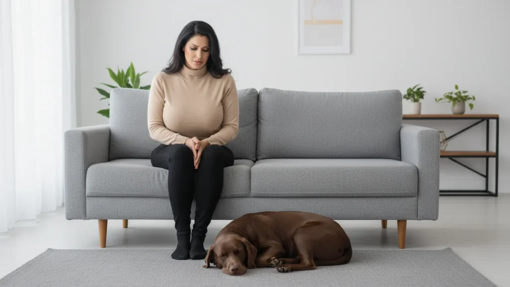 Person sitting beside a sleeping dog.