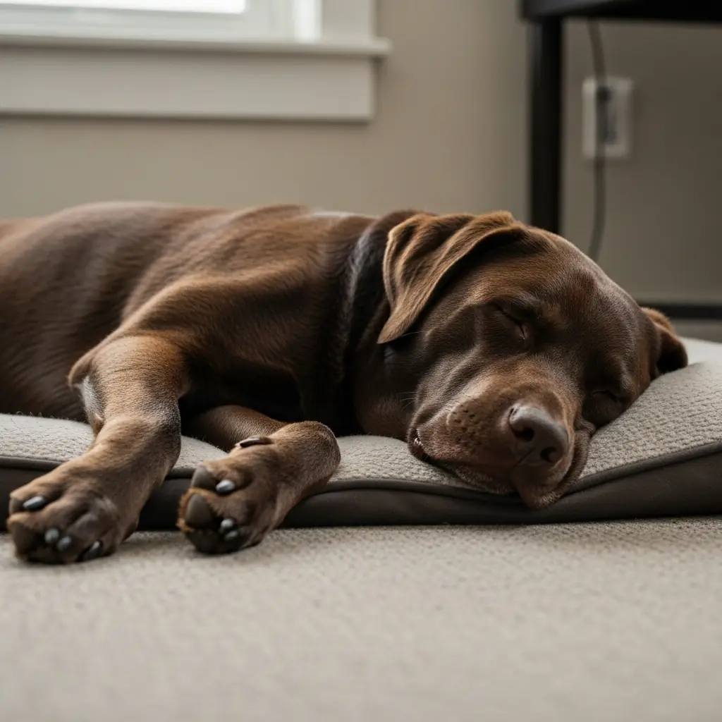 Brown dog sleeping peacefully on bed.
