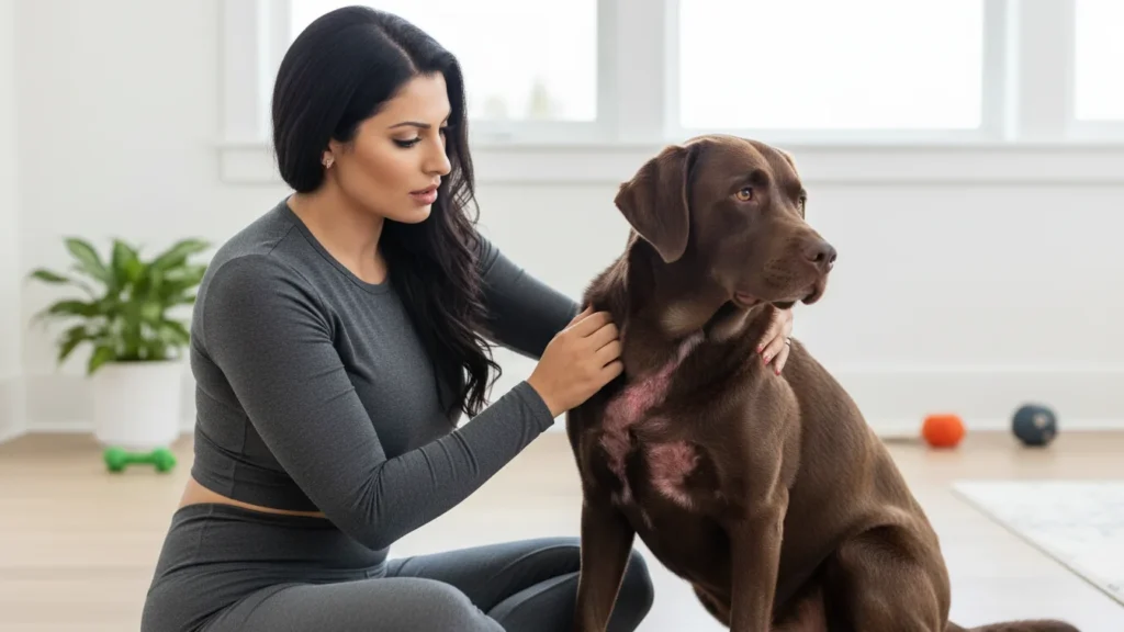 Person with brown dog indoors.
