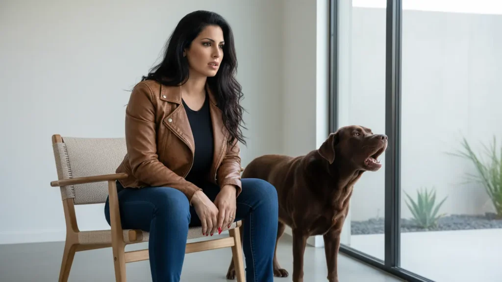 Woman seated with barking dog nearby.