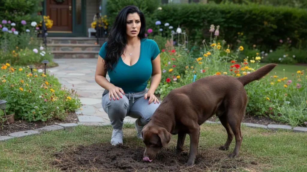 woman sitting in a worried position as her chocolate color labrador dog is eating mud in her garden