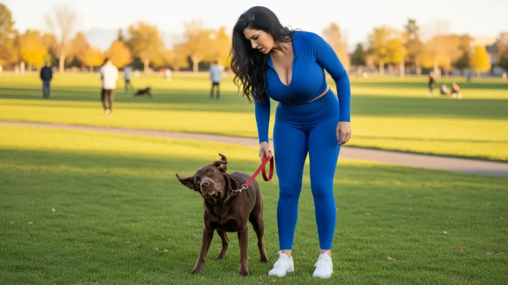 woman watching her labradog dog who is shaking his head at park