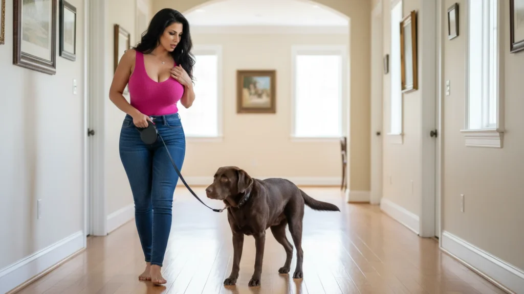 woman walking on hallway with her labrador dog who is a senior dog having dementia and looks confused