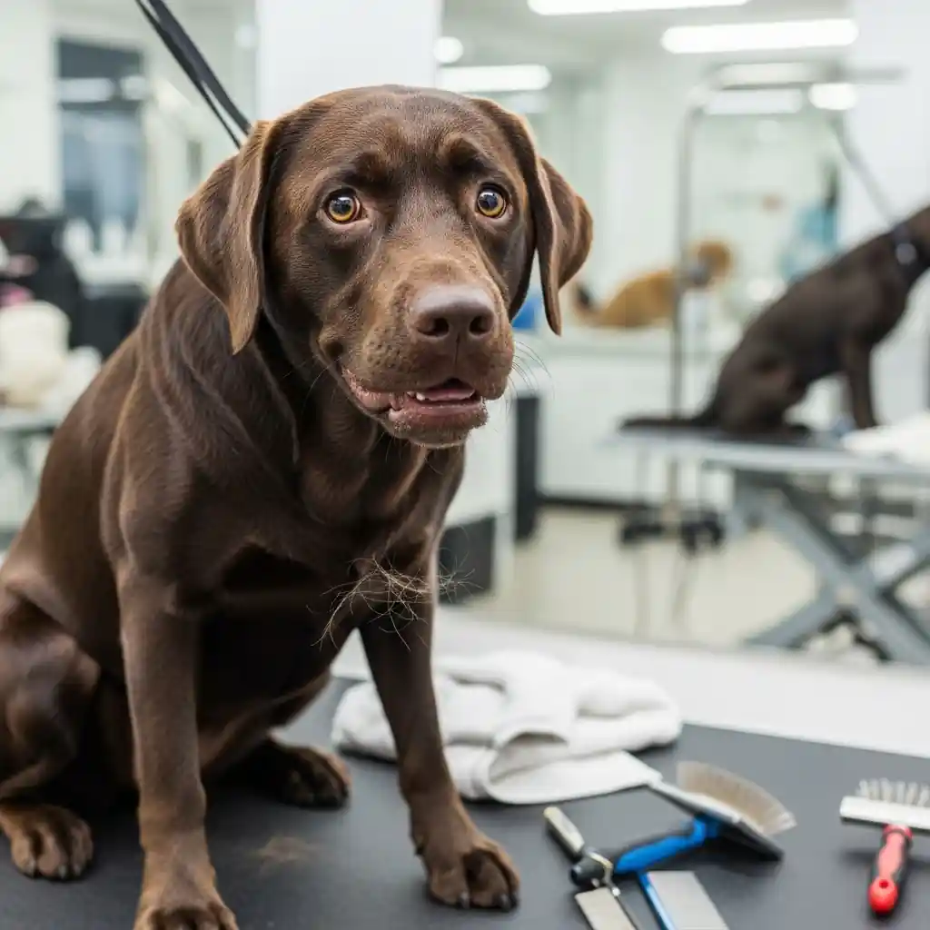 Dog at grooming salon, tools nearby.