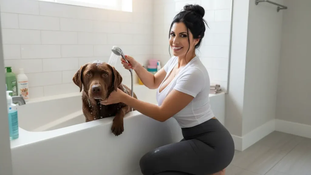 Dog being bathed in bathtub.
