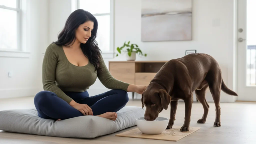 woman watching her dog drinking water in water bowl
