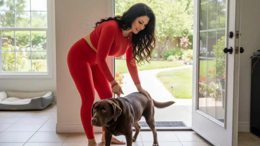 a woman in red outfit taking her dog outside but dog is fearing