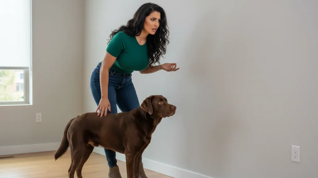 a woman with her dog staring at wall