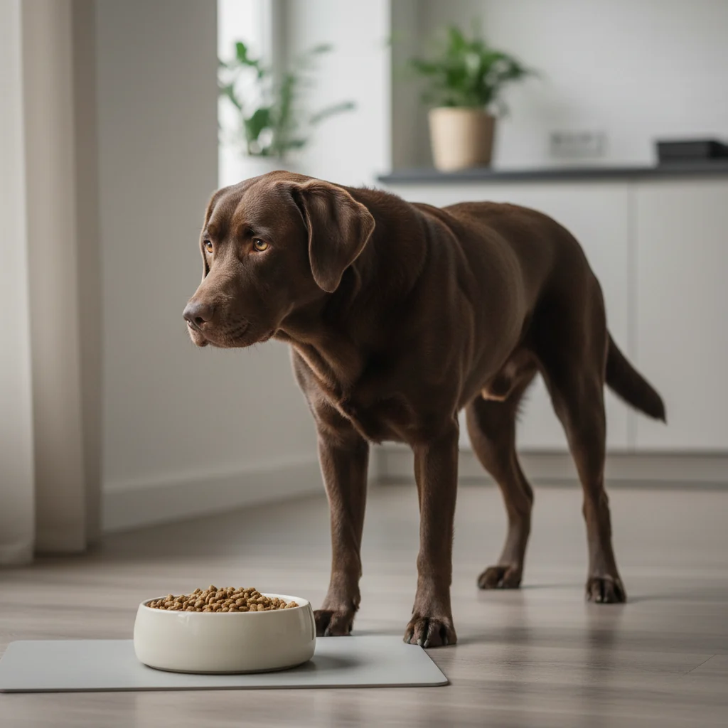 Dog hesitates near food bowl.