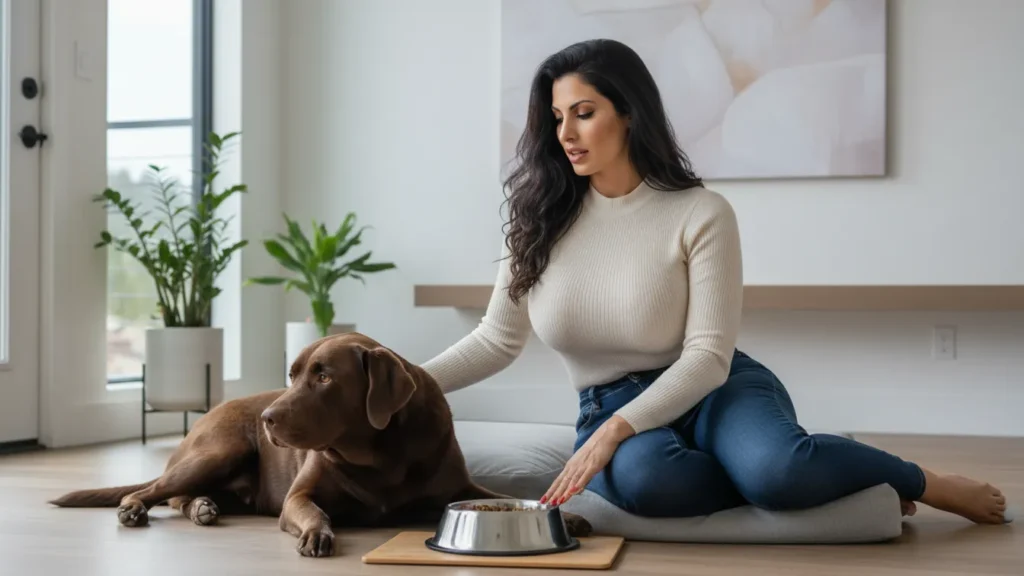 Dog sitting near a food bowl while owner looks concerned