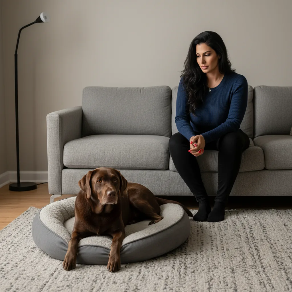 Dog resting on bed, woman nearby.